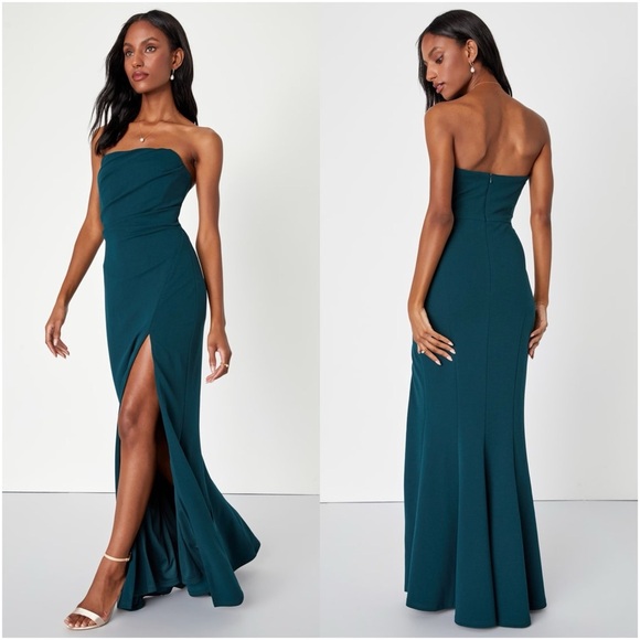 LULU’S Marvelous Entrance Emerald Green Pleated Strapless Maxi Dress - Picture 1 of 7